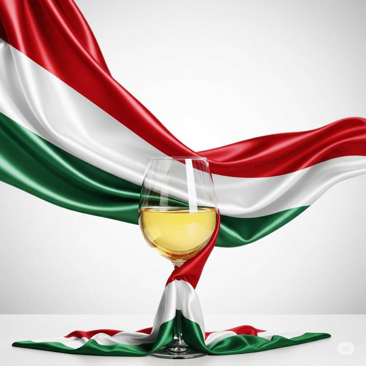 Ein Glas mit weißem Wein steht auf einem Tisch, umgeben von einer drapierten ungarischen Flagge in Rot, Weiß und Grün.