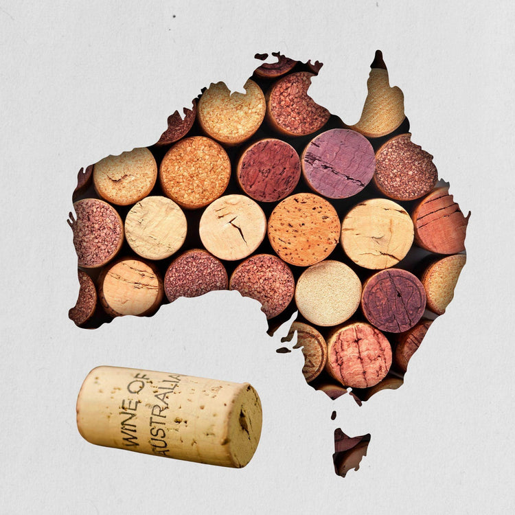 Umriss von Australien gefüllt mit Korken in verschiedenen Farben und Texturen, daneben ein Korken mit der Aufschrift 'WINE OF AUSTRALIA'.