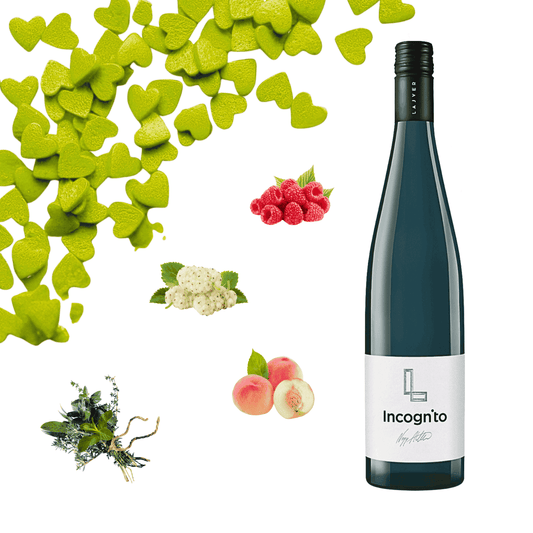 Flasche Lajver Incognito Wein mit Geschmacknoten Himbeere, weiße Maulbeere, Pfirsich und Kräuter, umgeben von grünen Herzenform.