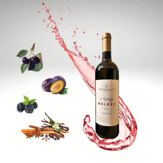 Flasche Vesztergombi Kerékhegyi Malbec 2021 mit Geschmacknoten Kirsche, Pflaume, Brombeere, Zimt, Vanille und Gewürzen