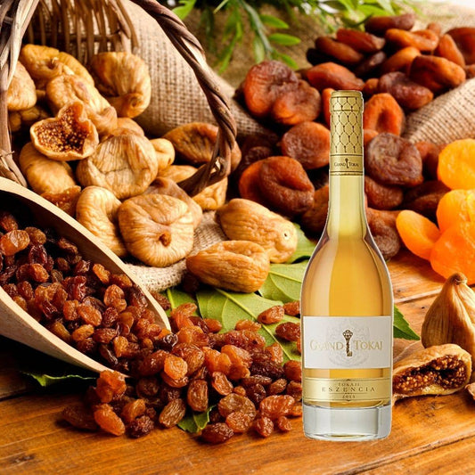 Flasche Grand Tokaj Essenz 2013 vor getrockneten Feigen, Aprikosen und Rosinen auf Holzoberfläche