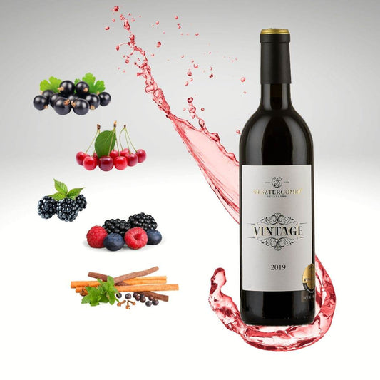 Vesztergombi Vintage Rotwein 2019 mit Geschmacknoten von schwarzen Johannisbeeren, Kirschen, Brombeeren, Himbeeren, Gewürze und Minze.