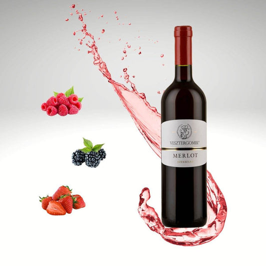 Flasche Vesztergombi Merlot mit Geschmacknoten von Himbeeren, Brombeeren und Erdbeeren, umgeben von einem roten Weinspritzer