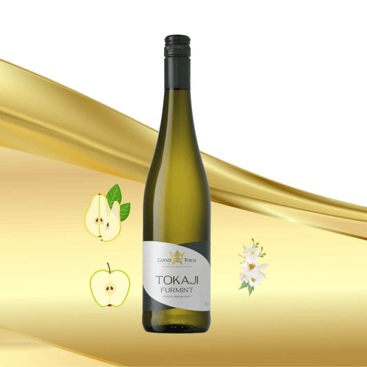 Flasche Grand Tokaj Tokaji Furmint Weisswein mit Geschmacknoten Birne, Apfel und Blumen auf goldenem Hintergrund