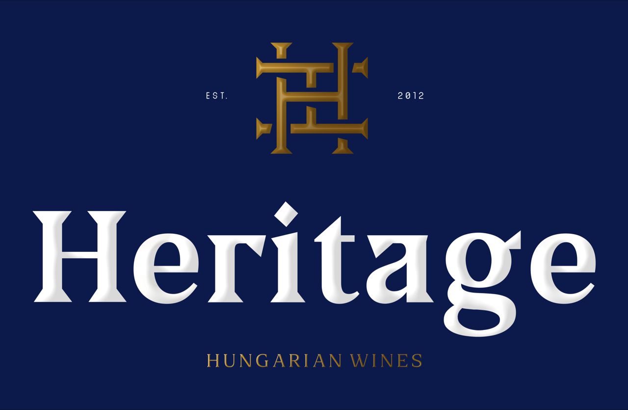 Logo von Heritage mit stilisiertem H in Gold, darunter der Schriftzug 'Heritage' in Weiß und 'HUNGARIAN WINES' in Kleinbuchstaben.