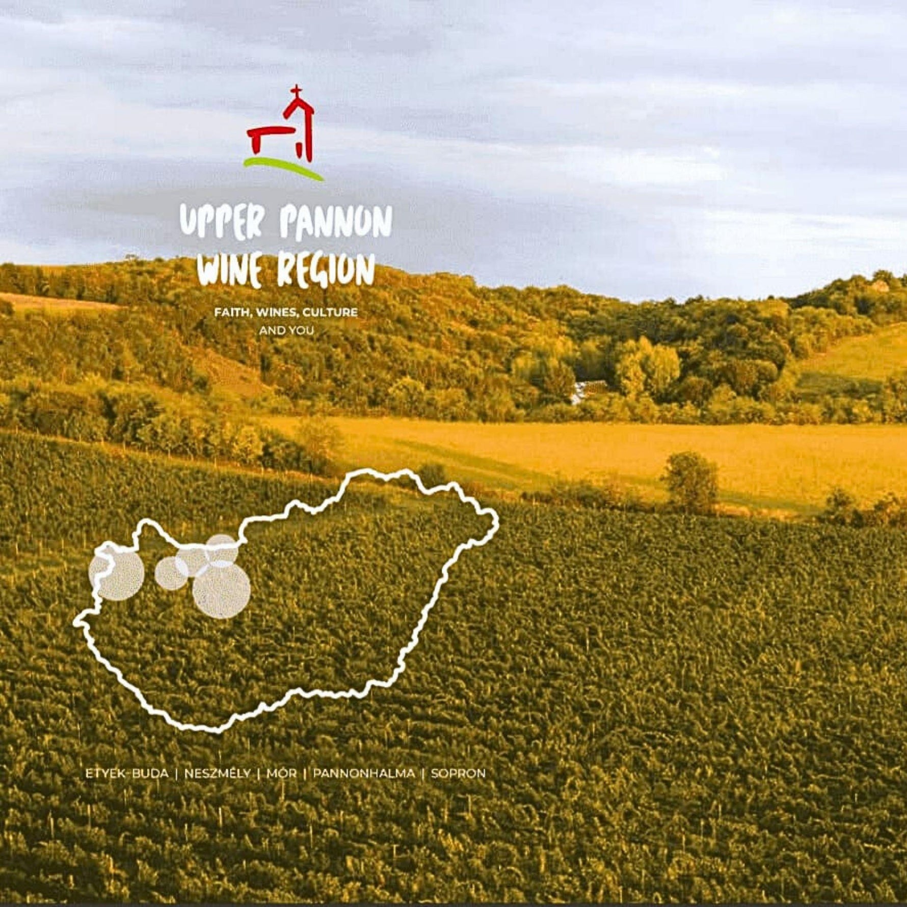 Landschaft der Oberpannonischen Weinregion mit Weinbergen und sanften Hügeln. Im Hintergrund eine Burg auf einem Hügel. Umrisskarte von Ungarn in Weiß.
