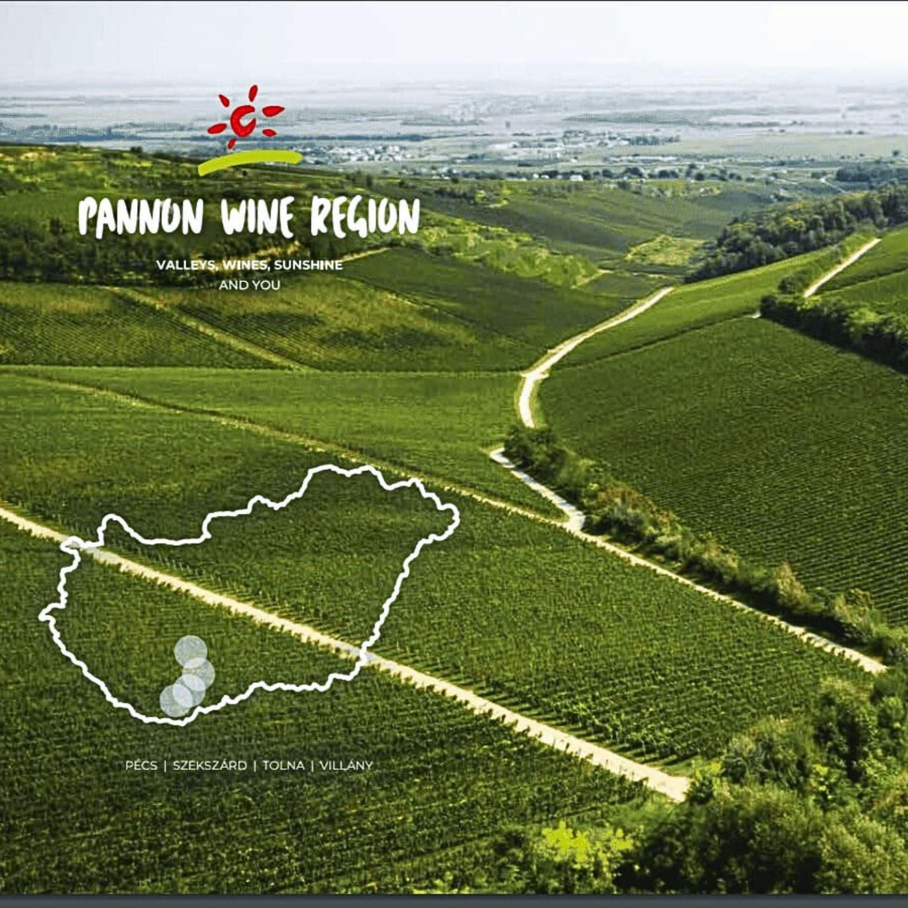 Landschaft der Pannonischen Weinregion mit sanften Hügeln und Weinreben. Eine Karte von Ungarn ist skizziert, oben steht 'Pannon Wine Region'.
