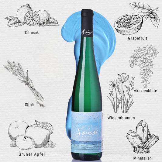 Grüne Flasche Szászi Birtok Wein mit Geschmacksnoten: Citrus, Grapefruit, Akazienblüte, Wiesenblumen, Mineralien, Grüner Apfel.