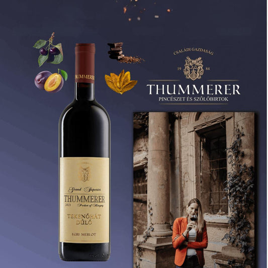 Eine Flasche Thummerer Tekenohati Merlot. Um die Flasche sind Früchte und Gewürze als Geschmacksnoten angeordnet.