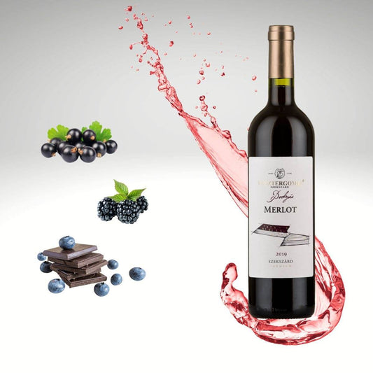 Flasche Vesztergombi Bodzás Merlot 2019 mit Geschmacknoten schwarze Johannisbeere, Brombeere, dunkle Schokolade und Blaubeere