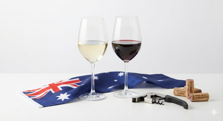 Zwei Weingläser mit weißem und rotem Wein stehen vor einer ausgebreiteten australischen Flagge neben mehreren Korken und einem Korkenzieher.