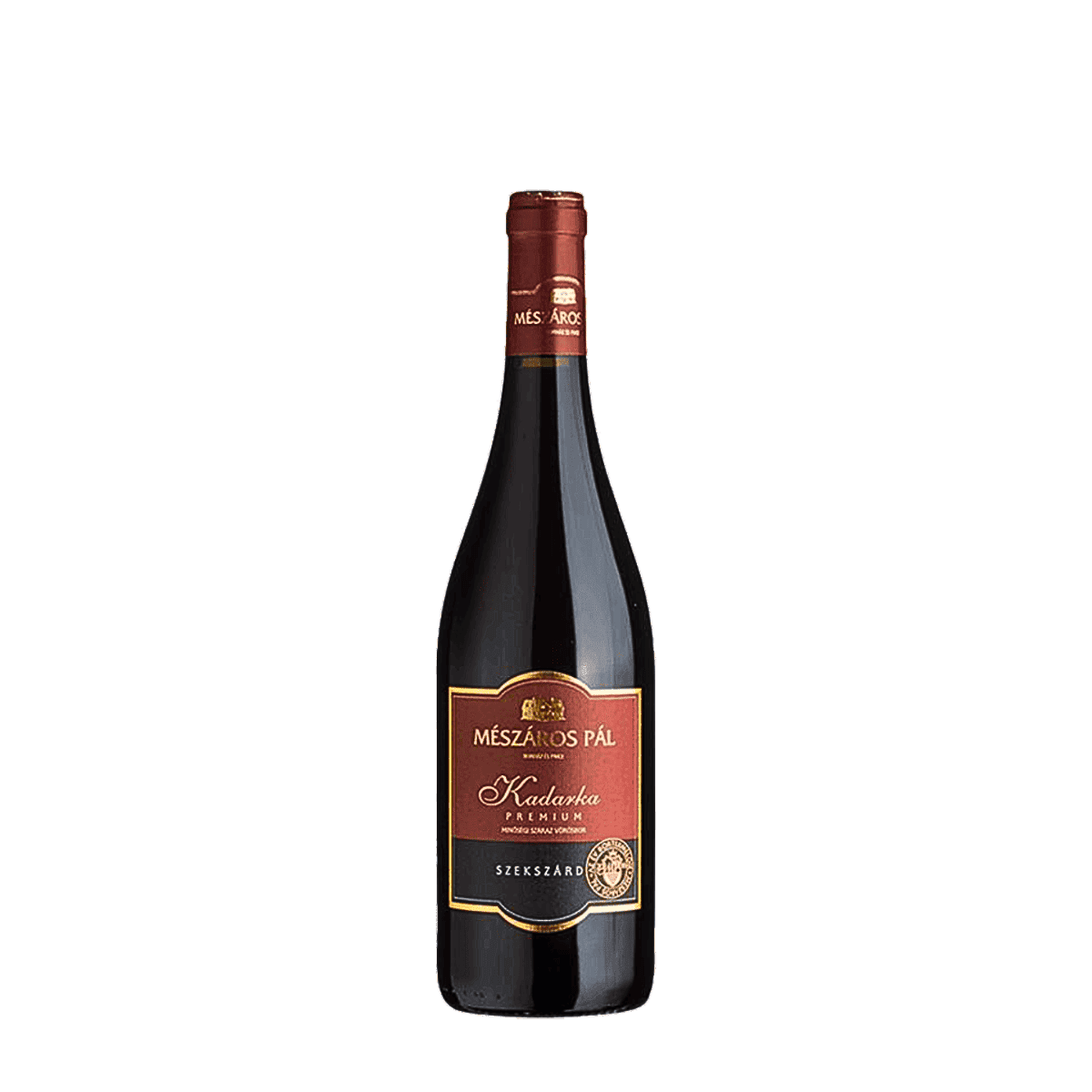Flasche Mészáros Pál Kadarka Premium Rotwein mit rotem Etikett und goldener Schrift aus Szekszárd