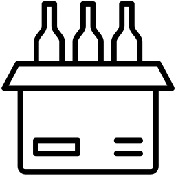Schachtel mit drei Weinflaschen, einfache, schwarze Umrisszeichnung. Die Schachtel hat eine rechteckige Form und eine offene Oberseite.