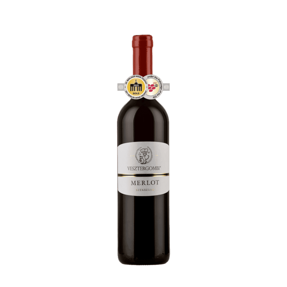 Flasche Vesztergombi Merlot Rotwein mit BRL Gold 2025 Auszeichnung und weißem Etikett