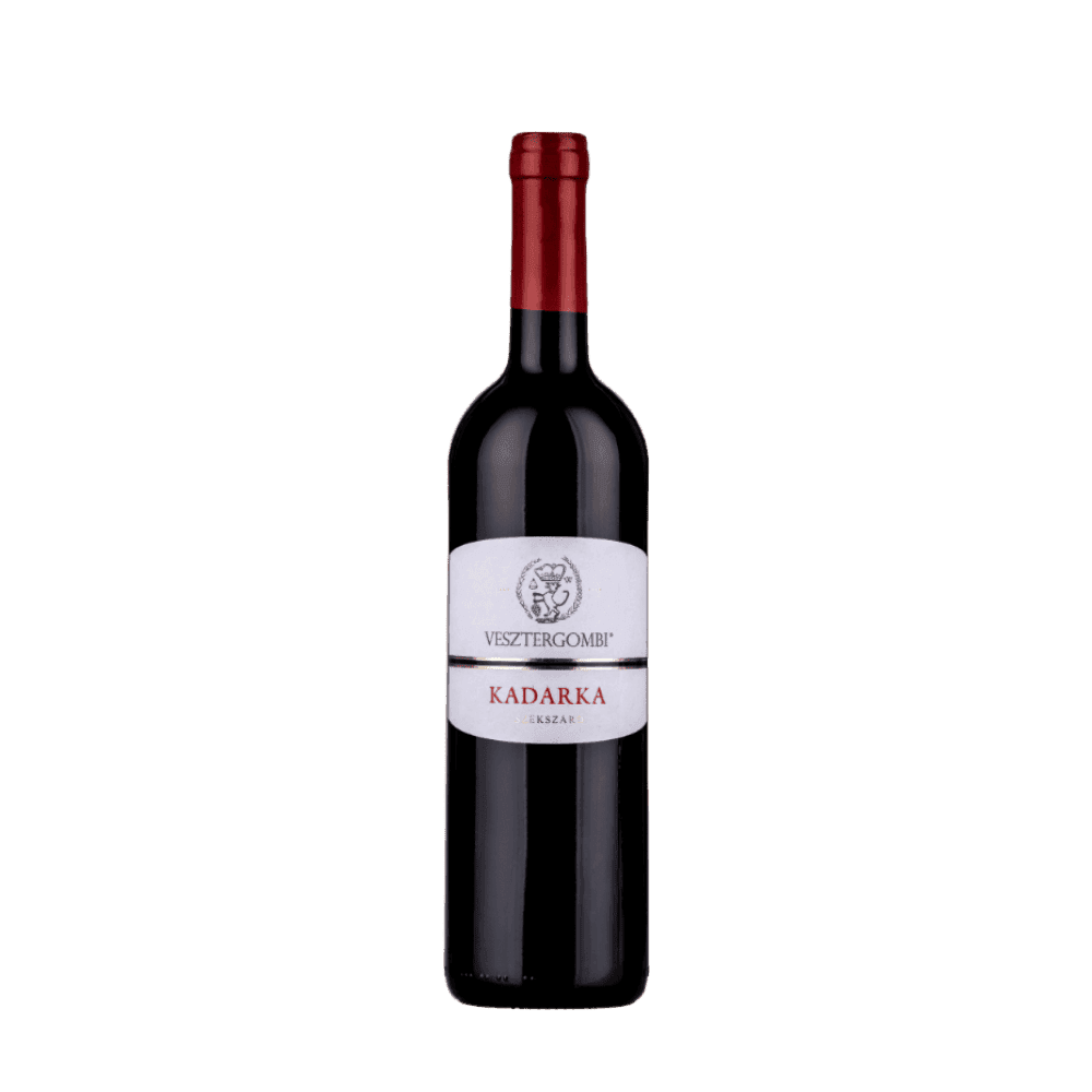Flasche Vesztergombi Kadarka Rotwein mit rotem Verschluss und weißem Etikett