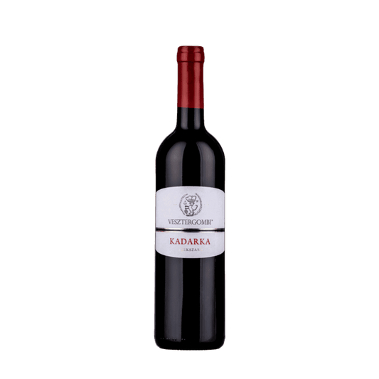 Flasche Vesztergombi Kadarka Rotwein mit rotem Verschluss und weißem Etikett