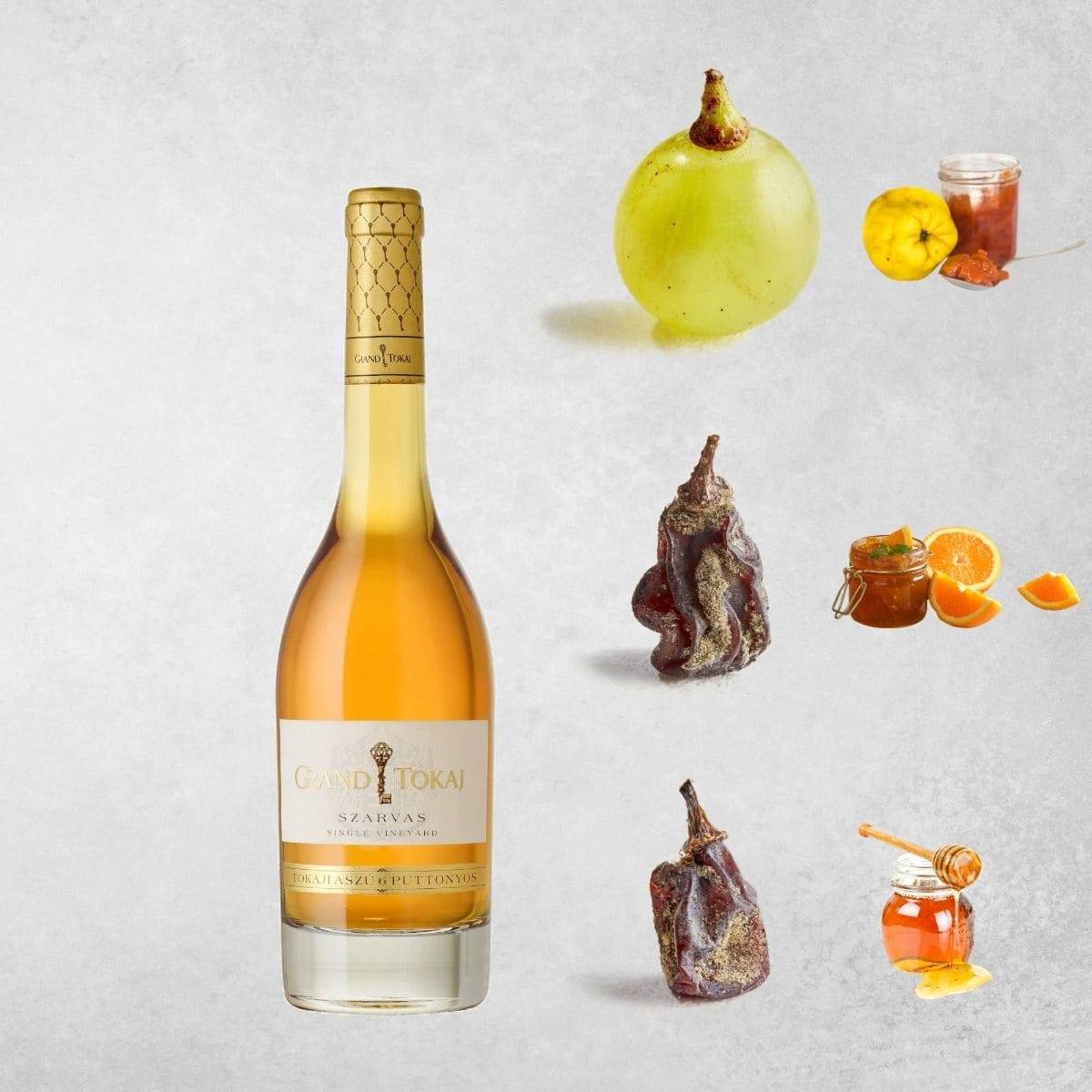 Flasche Grand Tokaj Szarvas Tokaj Aszú 6 Puttonyos Wein mit Traube, Quitte, getrockneten Trauben, Orangenmarmelade und Honig