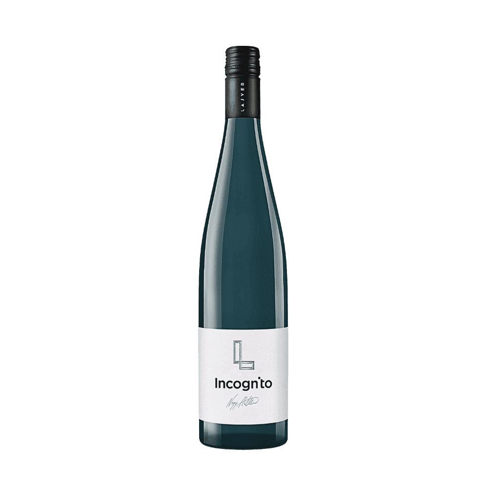 Flasche Lajver Incognito Wein mit weißem Etikett und schwarzem Schraubverschluss