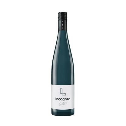Flasche Lajver Incognito Wein mit weißem Etikett und schwarzem Schraubverschluss