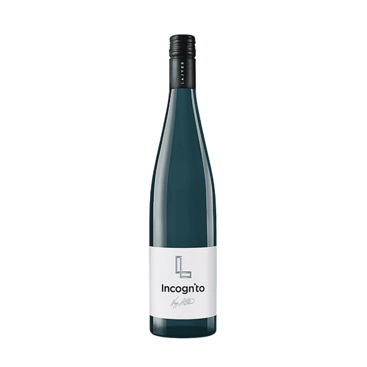 Flasche Lajver Incognito Wein mit weißem Etikett und schwarzem Schraubverschluss