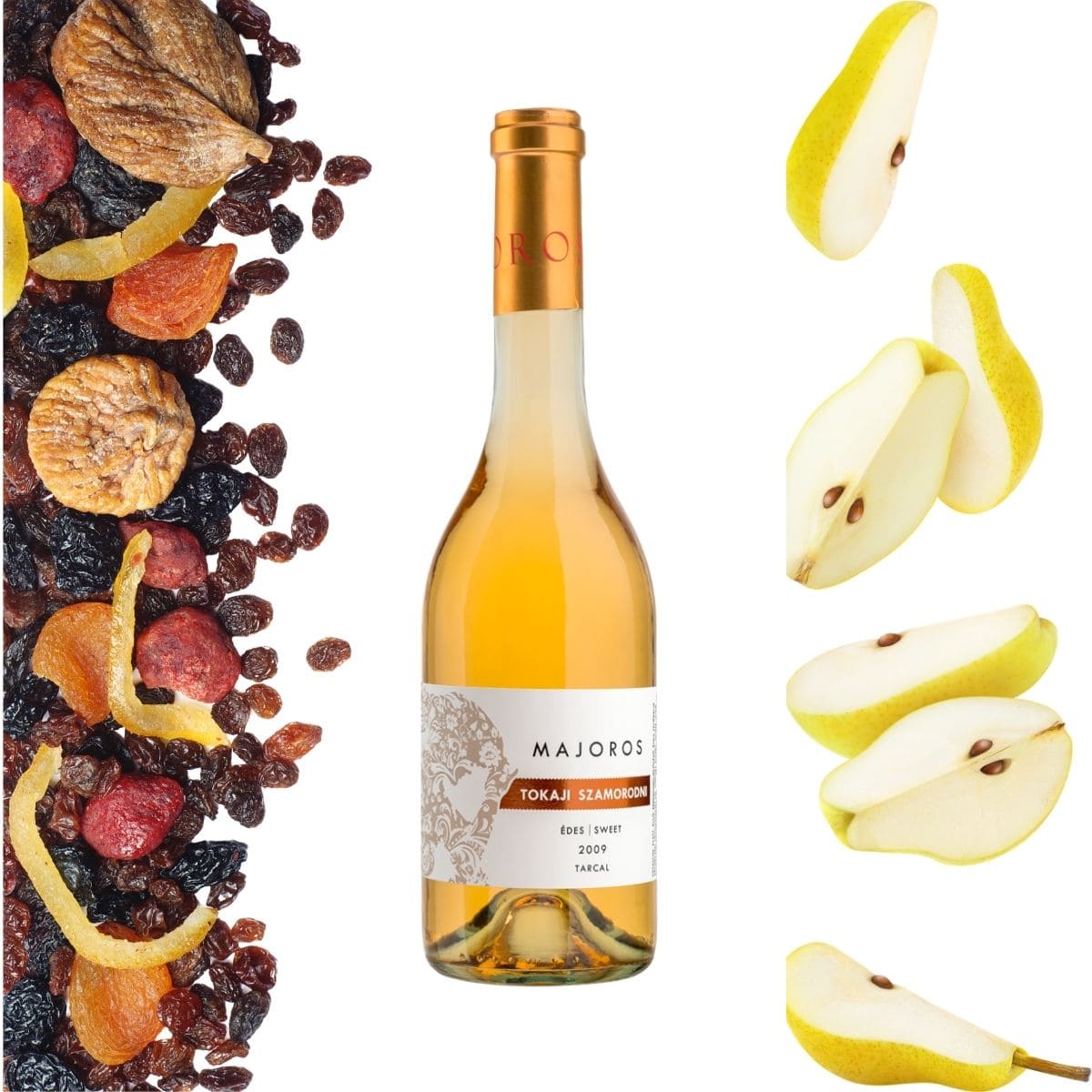 Flasche Majoros Tokaji Szamorodni süsser Weisswein, umgeben von getrockneten Früchten links, frischen Birnenscheiben rechts