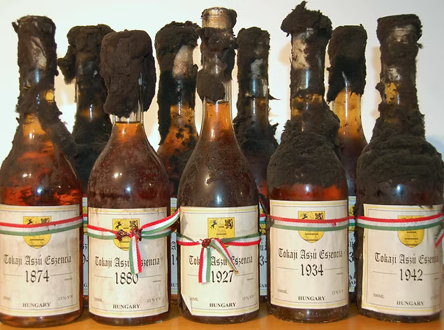 Acht Flaschen Tokaji Aszú Essenz mit Etiketten aus den Jahren 1874, 1880, 1927 und 1934. Die Flaschen sind mit schwarzem Wachs versiegelt und haben farbige Bänder.