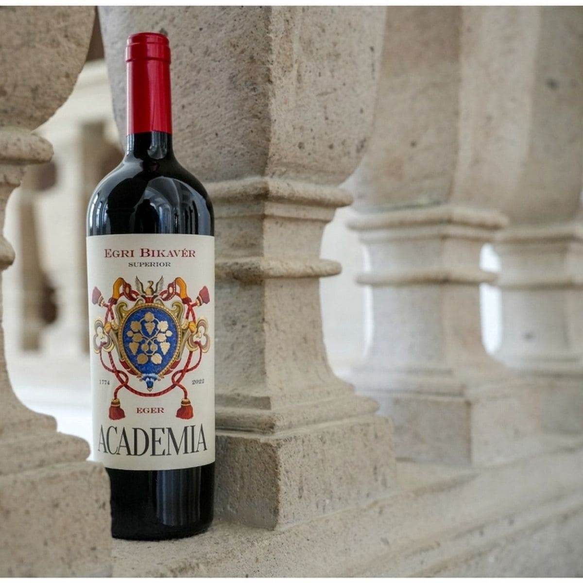 Eine Flasche Egri Bikavér Superior Wein mit rotem Verschluss steht vor steinernen Säulen.
