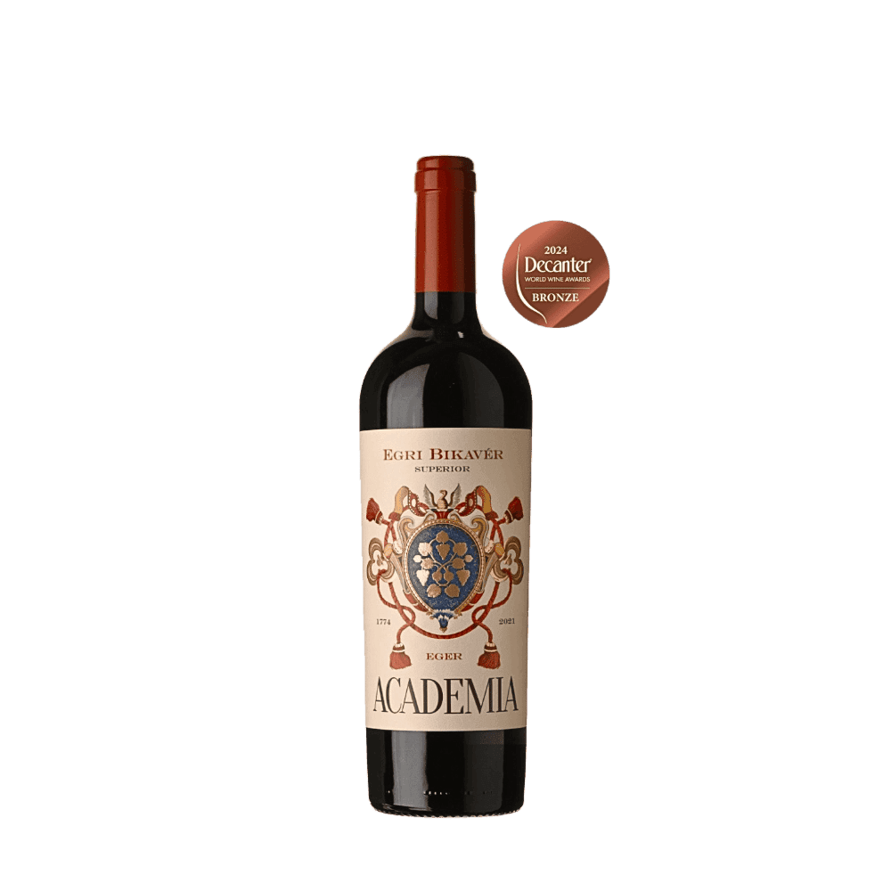Flasche Rotwein mit rotem Verschluss und Etikett mit Wappen, Text 'EGRI BIKAVÉR SUPERIOR', 'ACADEMIA' und Jahreszahlen