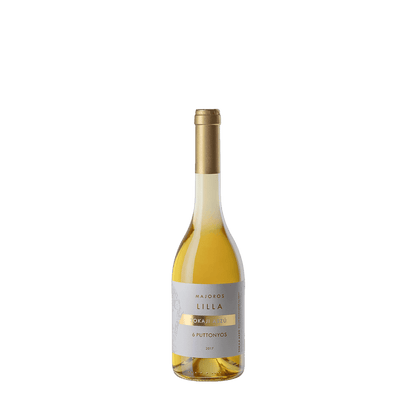 Eine Flasche Majoros Lilla Tokaji Aszú 6 Puttonyos mit goldenem Verschluss. Die Flasche enthält eine goldgelbe Flüssigkeit.