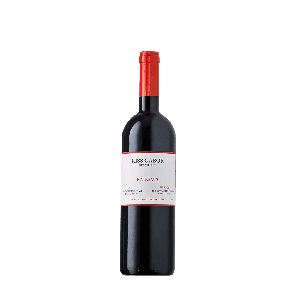 Eine dunkle Weinflasche mit einem roten Korken und einem weissen, eleganten Etikett, "KISS GÁBOR DHC Villany ENIGMA Merlot".