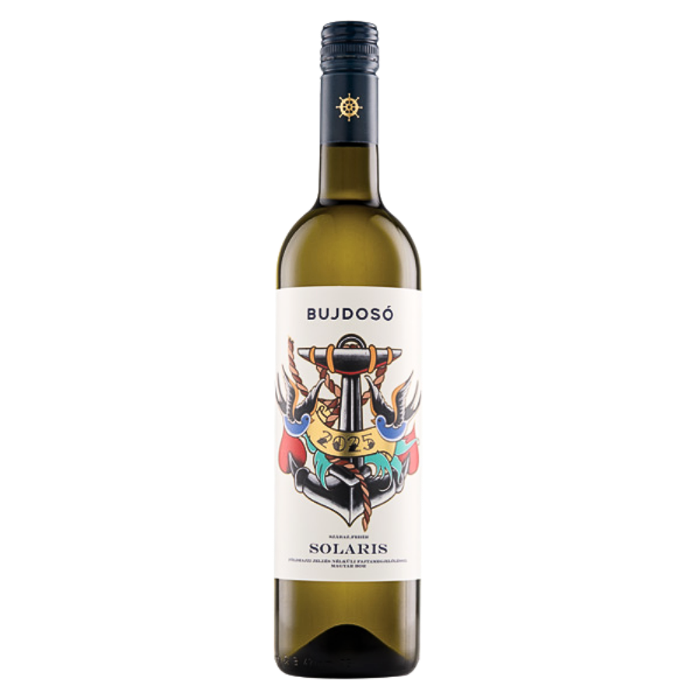 Grüne Weinflasche mit Etikett 'BUJDOSÓ 2025 SOLARIS' und farbiger Anker-Illustration