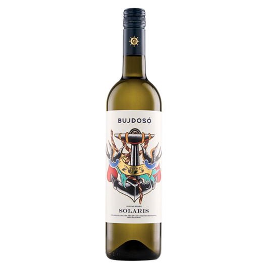 Grüne Weinflasche mit Etikett 'BUJDOSÓ 2025 SOLARIS' und farbiger Anker-Illustration