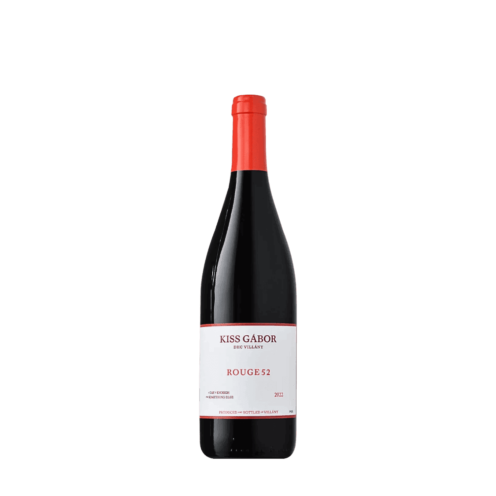 Flasche Kiss Gábor Rouge 52 Rotwein mit rotem Verschluss und weißem Etikett, Jahrgang 2022