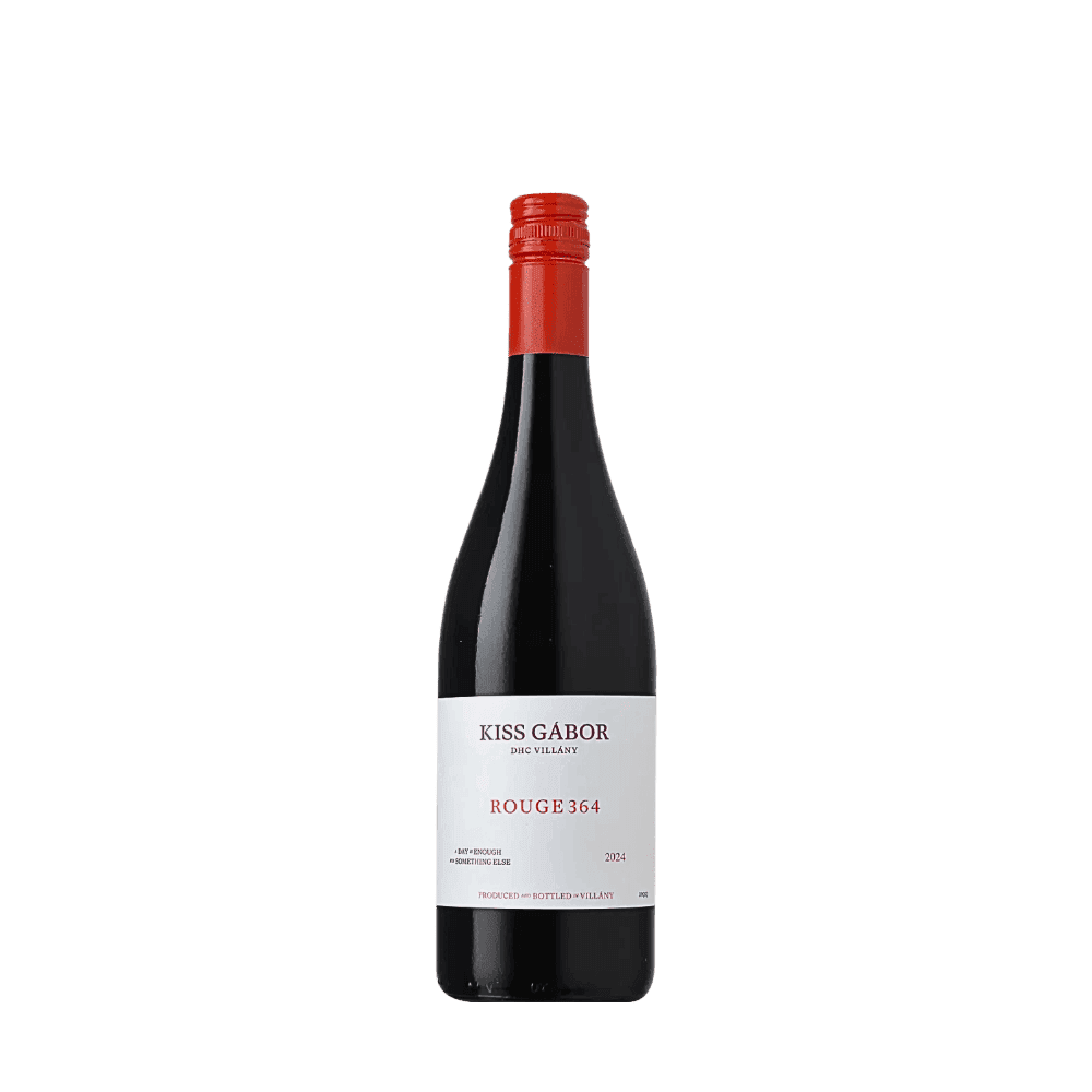 Flasche Kiss Gábor Rouge 364 Rotwein mit rotem Schraubverschluss und weißem Etikett, Jahrgang 2024