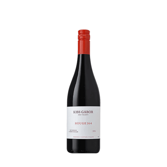 Flasche Kiss Gábor Rouge 364 Rotwein mit rotem Schraubverschluss und weißem Etikett, Jahrgang 2024