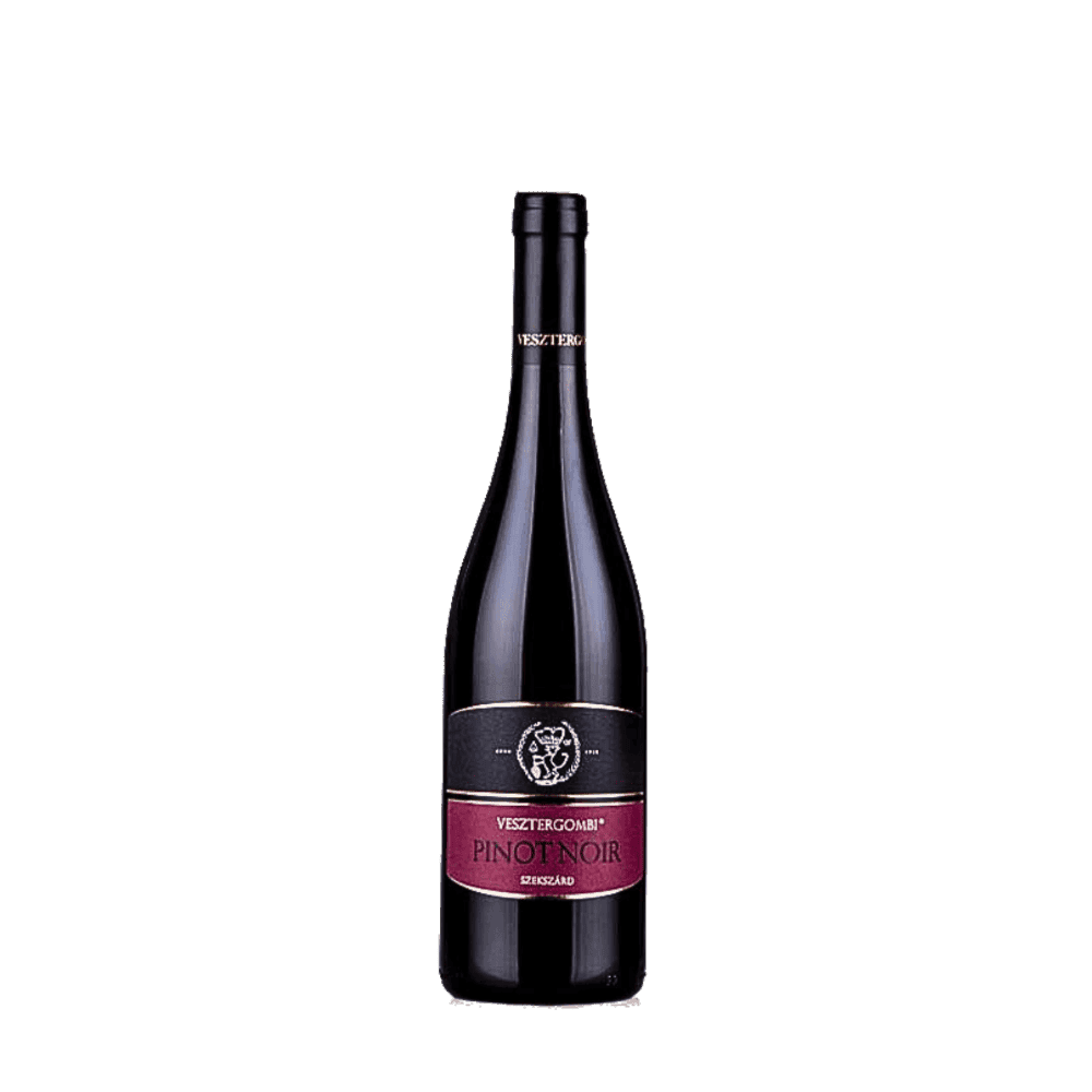 Flasche Vesztergombi Pinot Noir Rotwein mit schwarzem und dunkelrotem Etikett