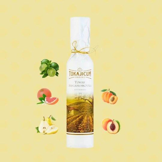 Flasche Tokajicum Sárgamuskotály Weißwein mit Geschmacknoten von Limette, Grapefruit und Pfirsich