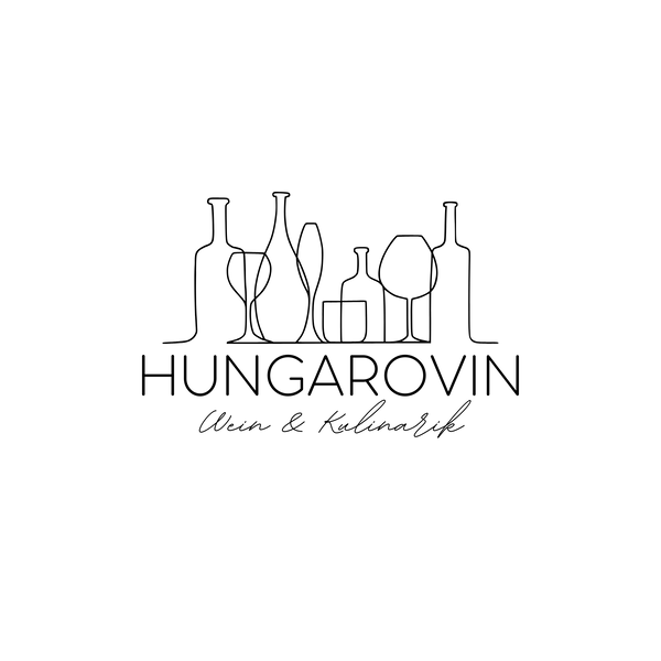 Logo von Hungarovin mit stilisierten Weinflaschen und Gläsern in Schwarz, darunter der Schriftzug 'Hungarovin Wein & Kulinarik'.