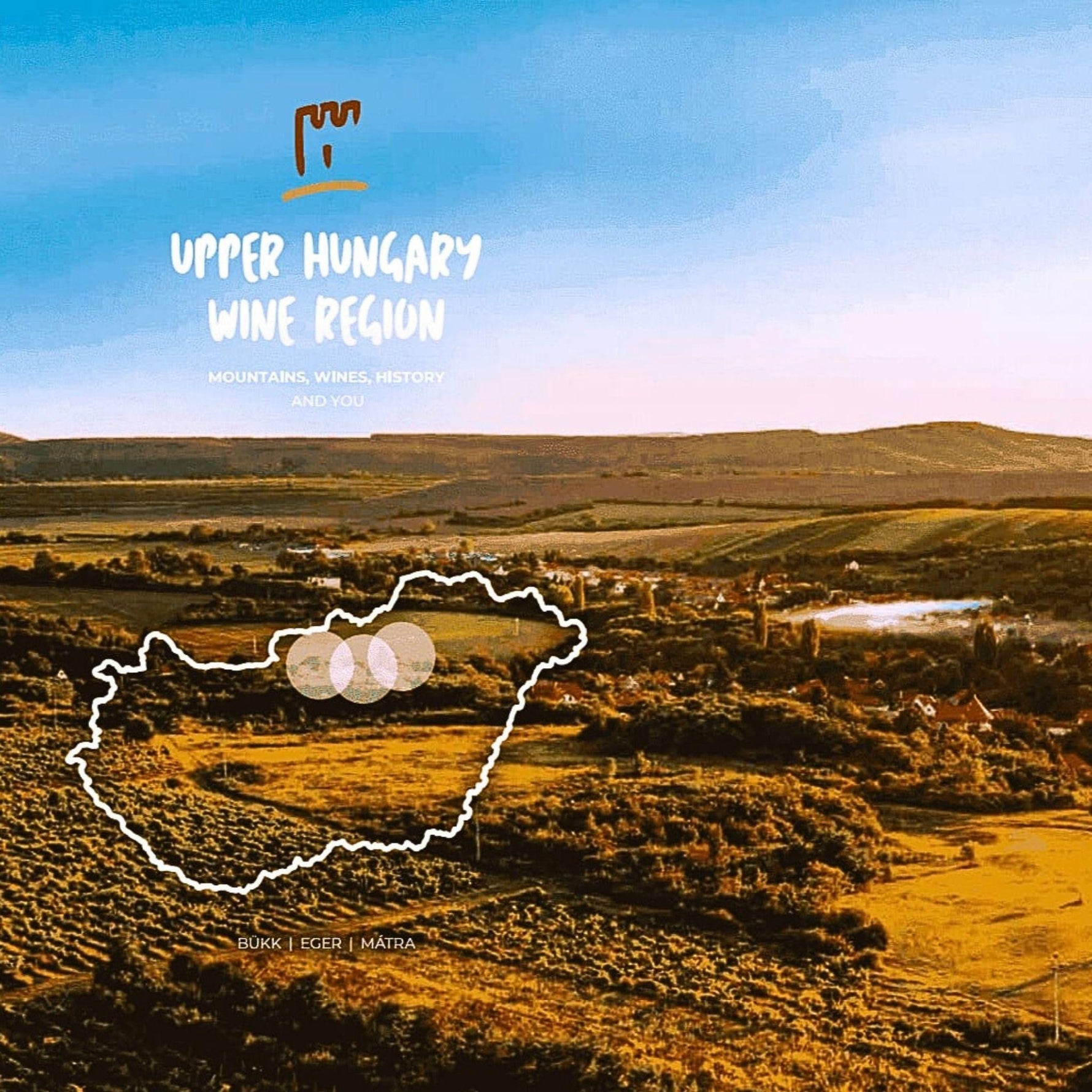 Karte der Weinregion Oberungarn mit Umriss von Ungarn, drei weißen Kreisen und den Texten 'UPPER HUNGARY', 'WINE REGION', 'MOUNTAINS, WINES, HISTORY AND YOU', sowie den Regionen 'BUKK', 'EGER', 'MATRA'.