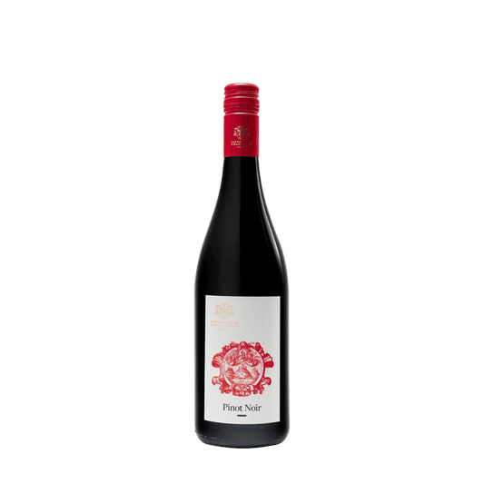 Dunkelrote Weinflasche mit rotem Schraubverschluss, weißem Etikett und rotem Wappen, Text 'Pinot Noir'