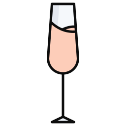 Ein stilisiertes Glas für Rosé-Champagner mit einem langen, schlanken Stiel und einer leicht geschwungenen Form. Der Inhalt ist hellrosa.