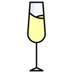 Ein schlanker, stilisierter Sektglas mit einem gelben Getränk, das bis zur Hälfte gefüllt ist. Der Glasrand ist leicht geschwungen.