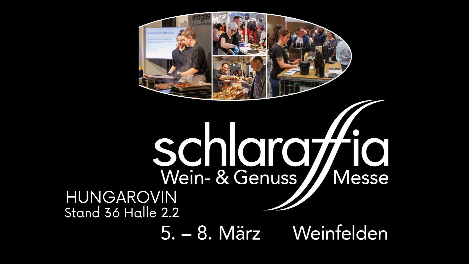 Mehrere Personen an Ständen mit Weinflaschen und Speisen auf der Schlaraffia Wein- & Genuss Messe