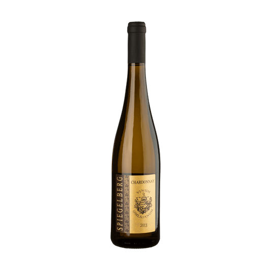 Flasche Spiegelberg Chardonnay 2020 mit goldenem Etikett und schwarzem Verschluss