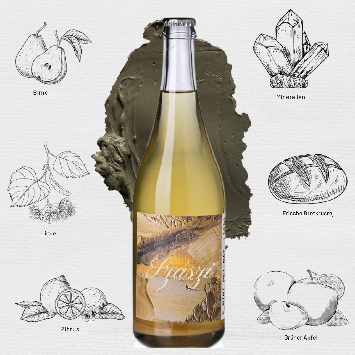 Flasche Szászi Furmint Brut Nature umgeben von schwarz-weißen Zeichnungen von Birne, Mineralien, Linde, frischer Brotkruste, Zitrus und grünem Apfel.