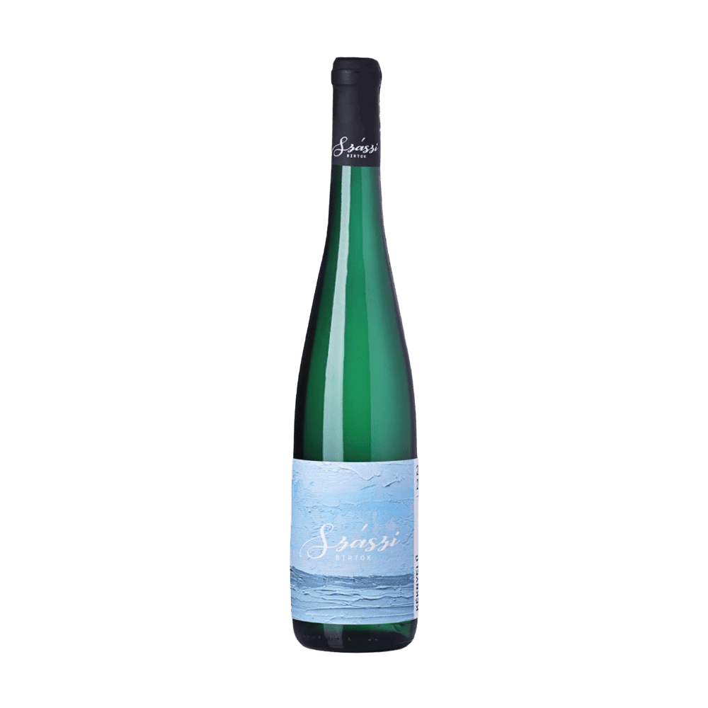 Grüne Flasche Szaszi Kéknyelű Weißwein mit blauem Etikett und schwarzem Verschluss