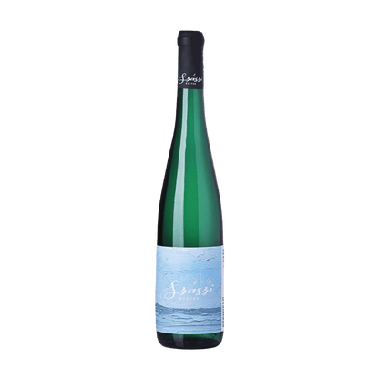 Grüne Flasche Szaszi Kéknyelű Weißwein mit blauem Etikett und schwarzem Verschluss