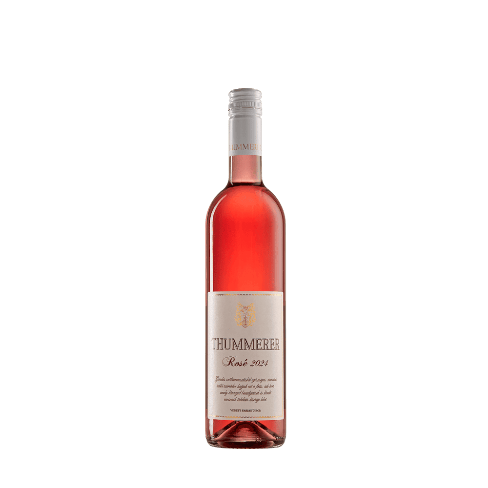 Flasche Thummerer Rosé schlank, transparent, mit silbernem Schraubverschluss, Etikett mit goldener Schrift und Wappen.