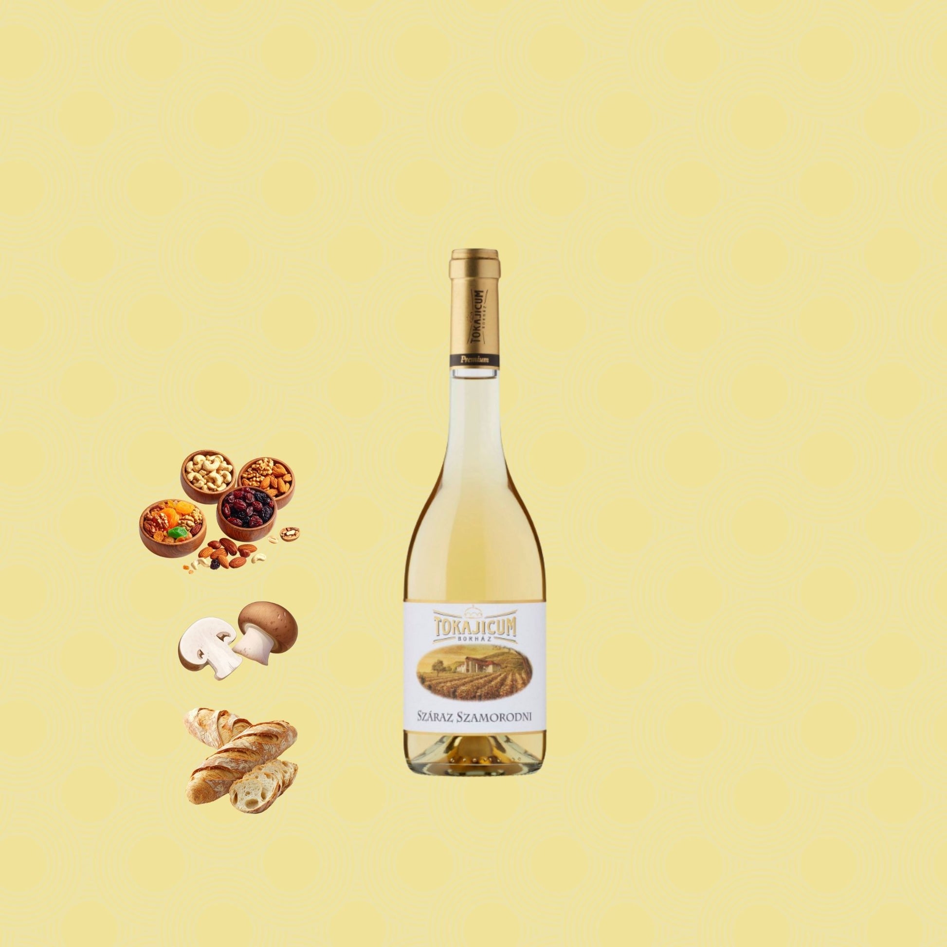 Flasche Tokajicum Száraz Szamorodni Weißwein mit kleinen Schalen Nüssen, Pilzen und Baguette auf hellem Hintergrund.