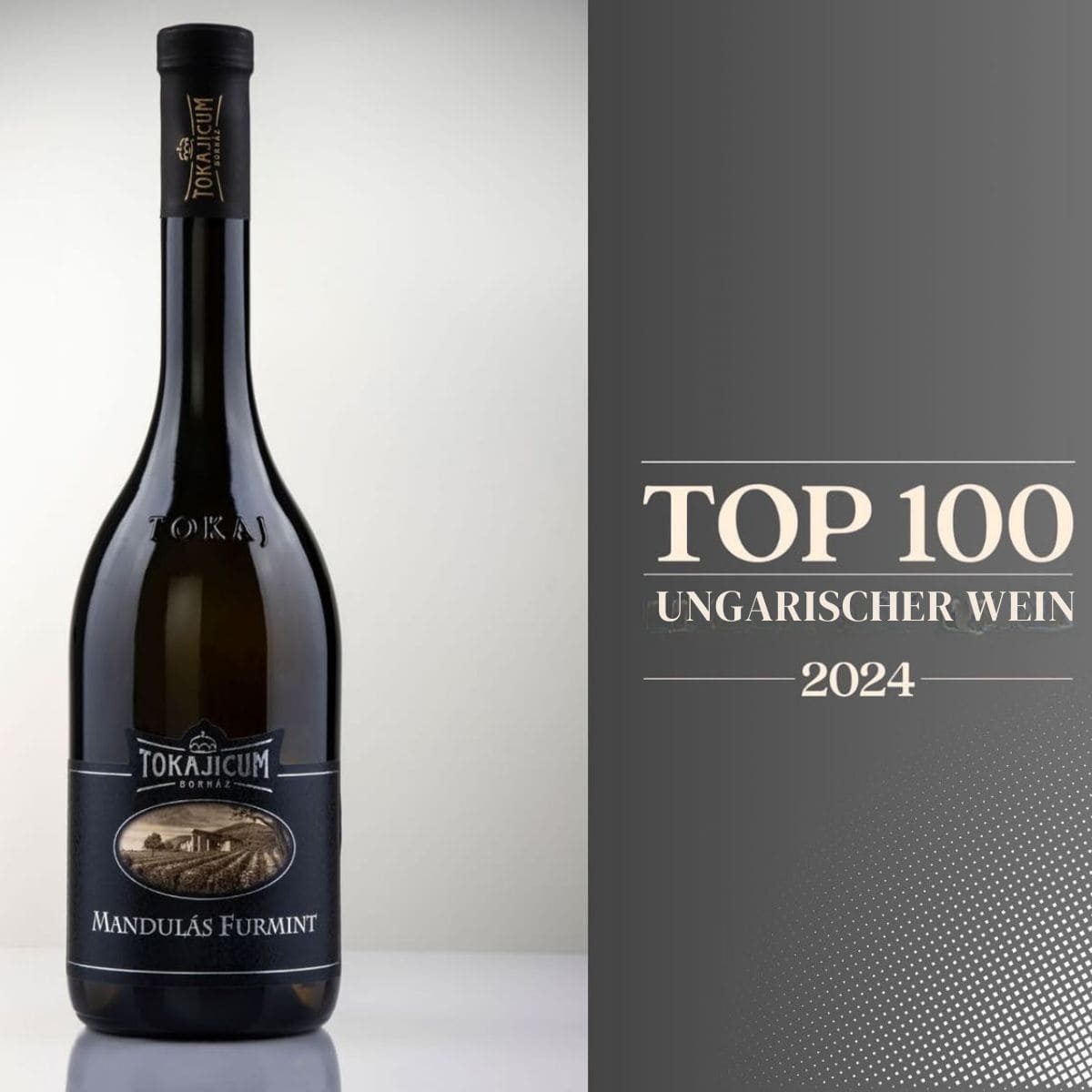 Flasche Tokajicum Mandulás Furmint Wein vor weissem Hintergrund, daneben Schrift 'Top 100 Ungarischer Wein 2024'